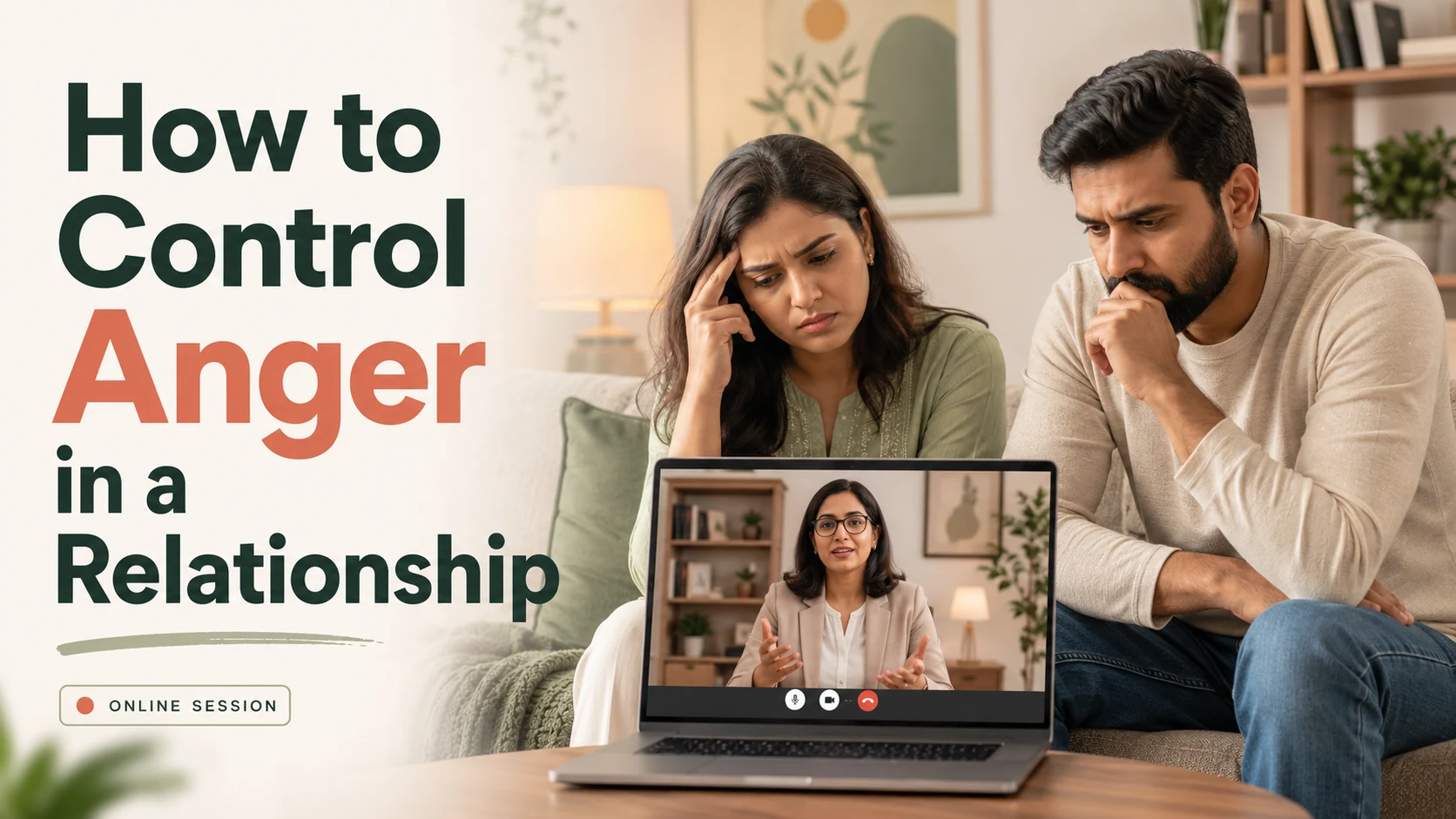 How to Control Anger in a Relationship: Why Am I So Angry at My Partner? 4 How to control anger in a relationship with an Indian couple attending an online therapy session