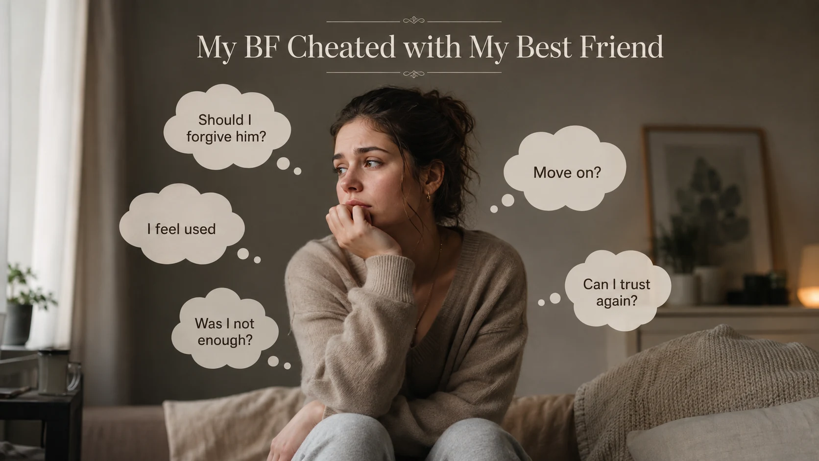 My Boyfriend Cheated on Me With My Best Friend: What Now? 3 Woman thinking about forgiveness, trust and self-worth after her boyfriend cheated with her best friend
