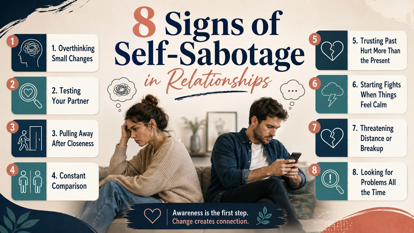 Self-Sabotage in Relationships: 8 Signs You May Be Pushing Love Away 3 Eight signs of self-sabotage in relationships, including overthinking, testing a partner, pulling away after closeness, comparison, past hurt, conflict, breakup threats, and constant problem searching.