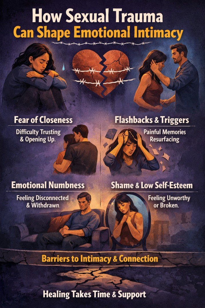 Illustration showing how sexual trauma affects emotional intimacy, including fear of closeness, emotional numbness, triggers, and low self-esteem in relationships.