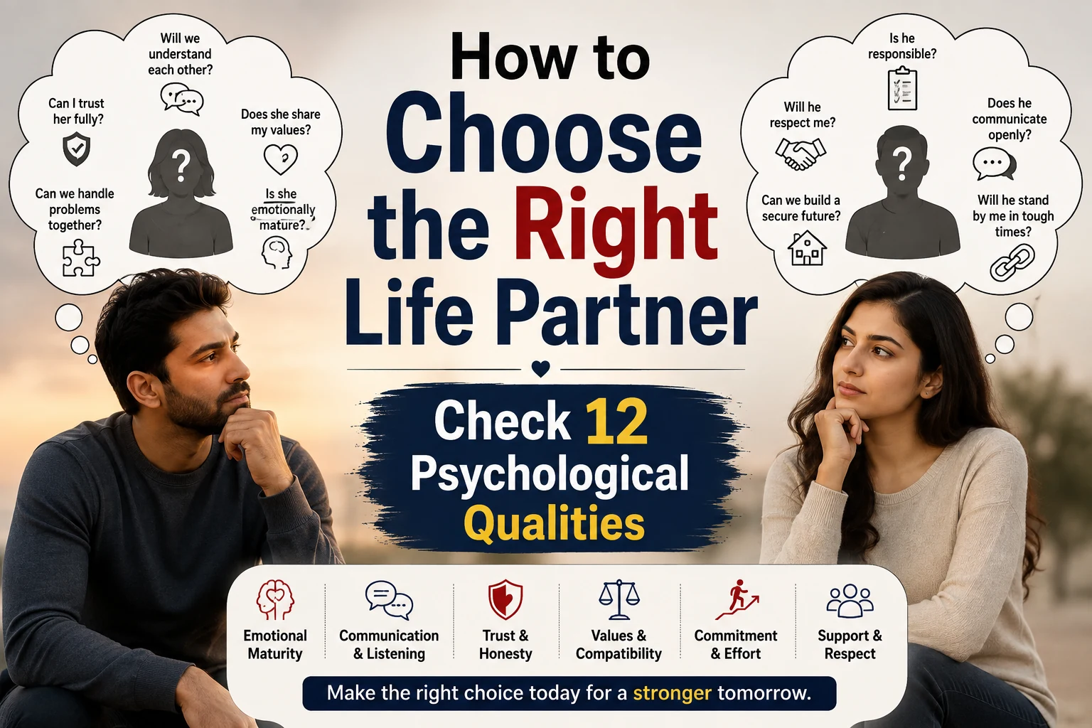 Man and woman thinking about how to choose the right life partner using 12 psychological qualities such as trust, emotional maturity, communication and compatibility
