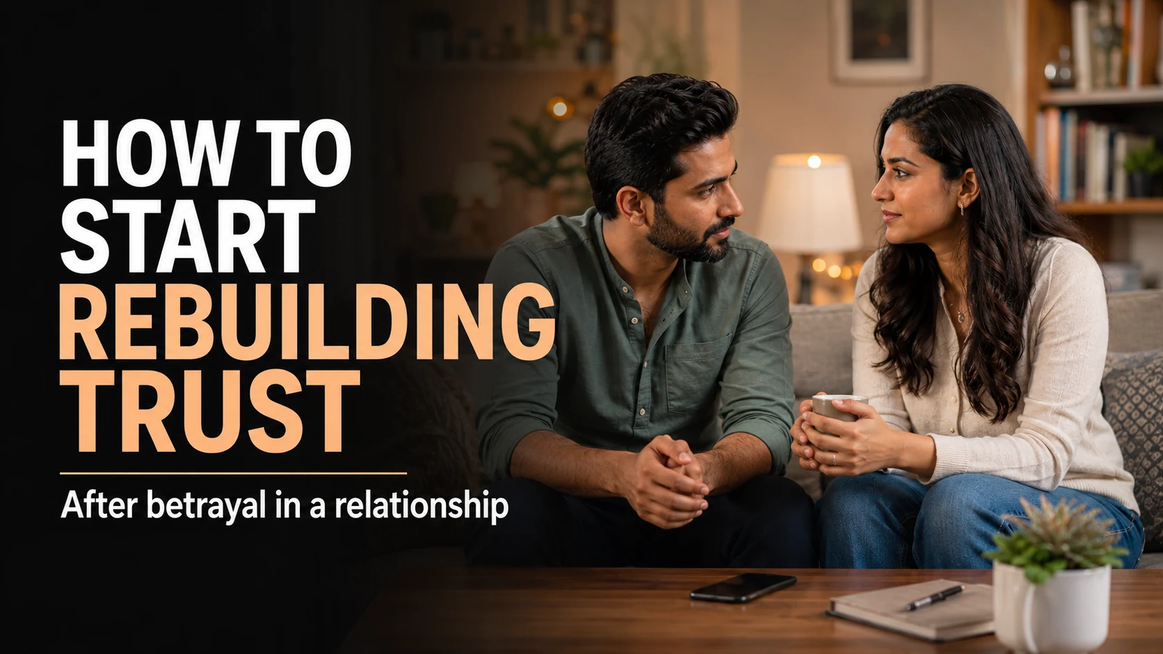 Indian couple talking about how to start rebuilding trust after betrayal in their relationship