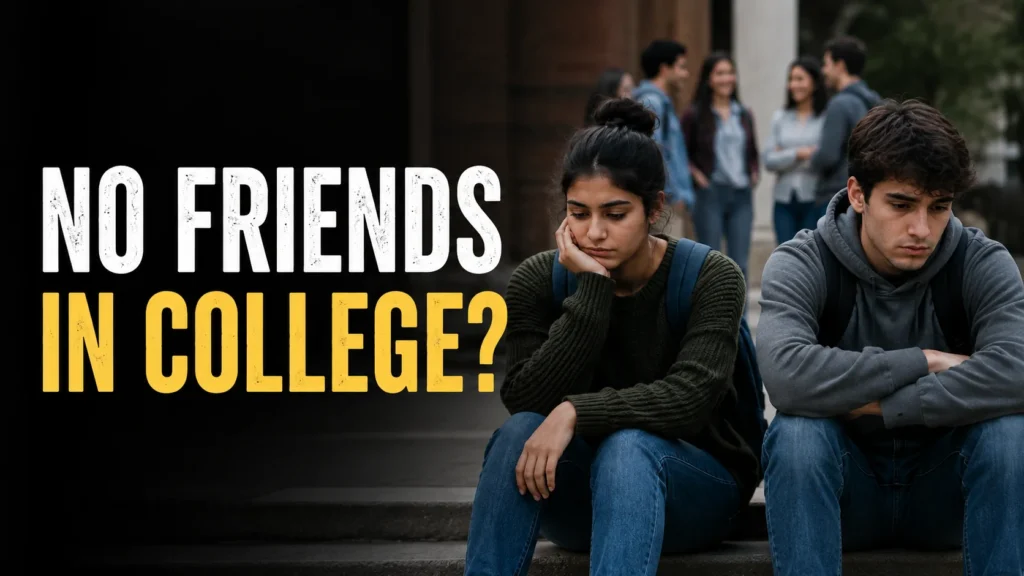 College boy and girl sitting alone while other students socialise in the background, illustrating loneliness and having no friends in college.
