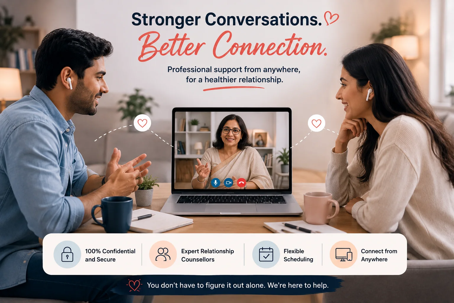 How to Stop Arguing With Your Partner: Break the Fight Cycle 5 Indian couple attending online couples counselling with a psychologist to improve communication, reduce repeated arguments, and rebuild emotional connection.