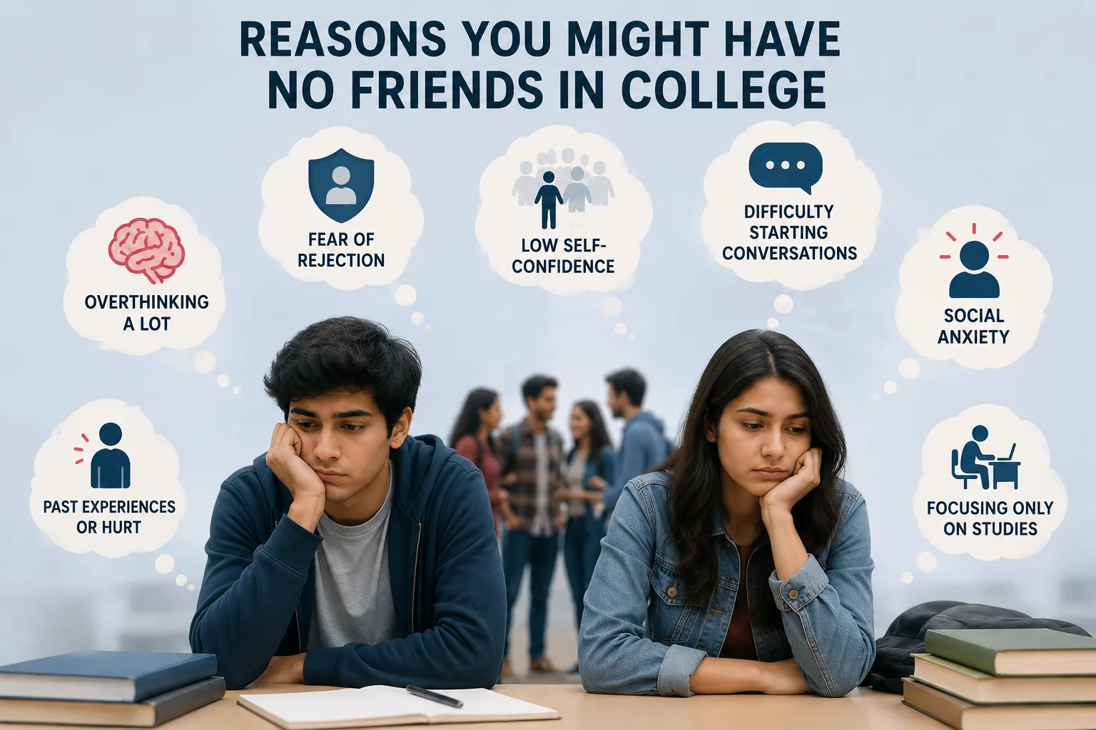 Why You Don’t Have Friends in College (And How to Fix It) 3 College boy and girl feeling isolated while other students socialise, showing psychological reasons for having no friends in college such as overthinking, low self-esteem, fear of rejection, social anxiety and past hurt.