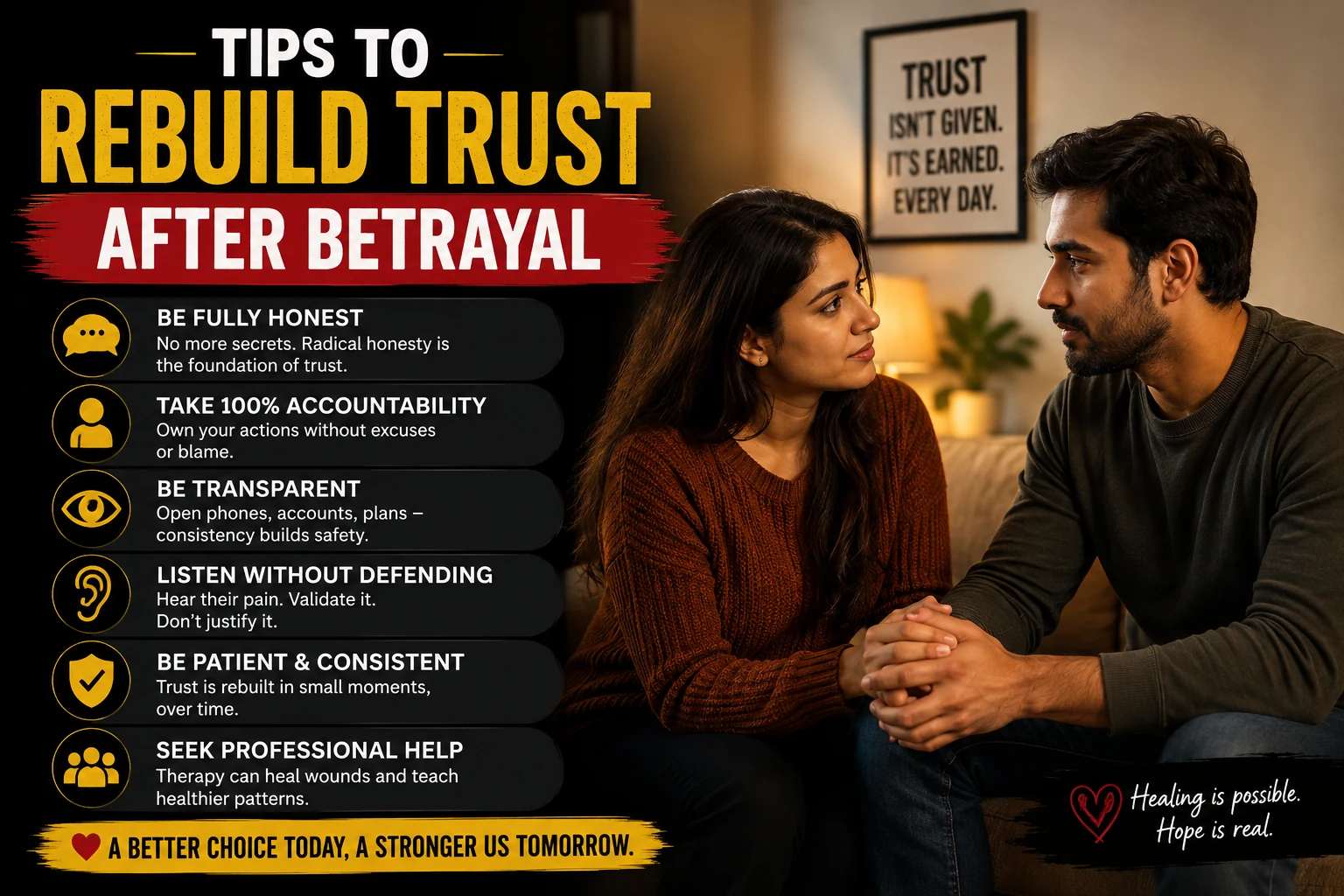 Tips for Indian couples to rebuild trust after betrayal, cheating or infidelity