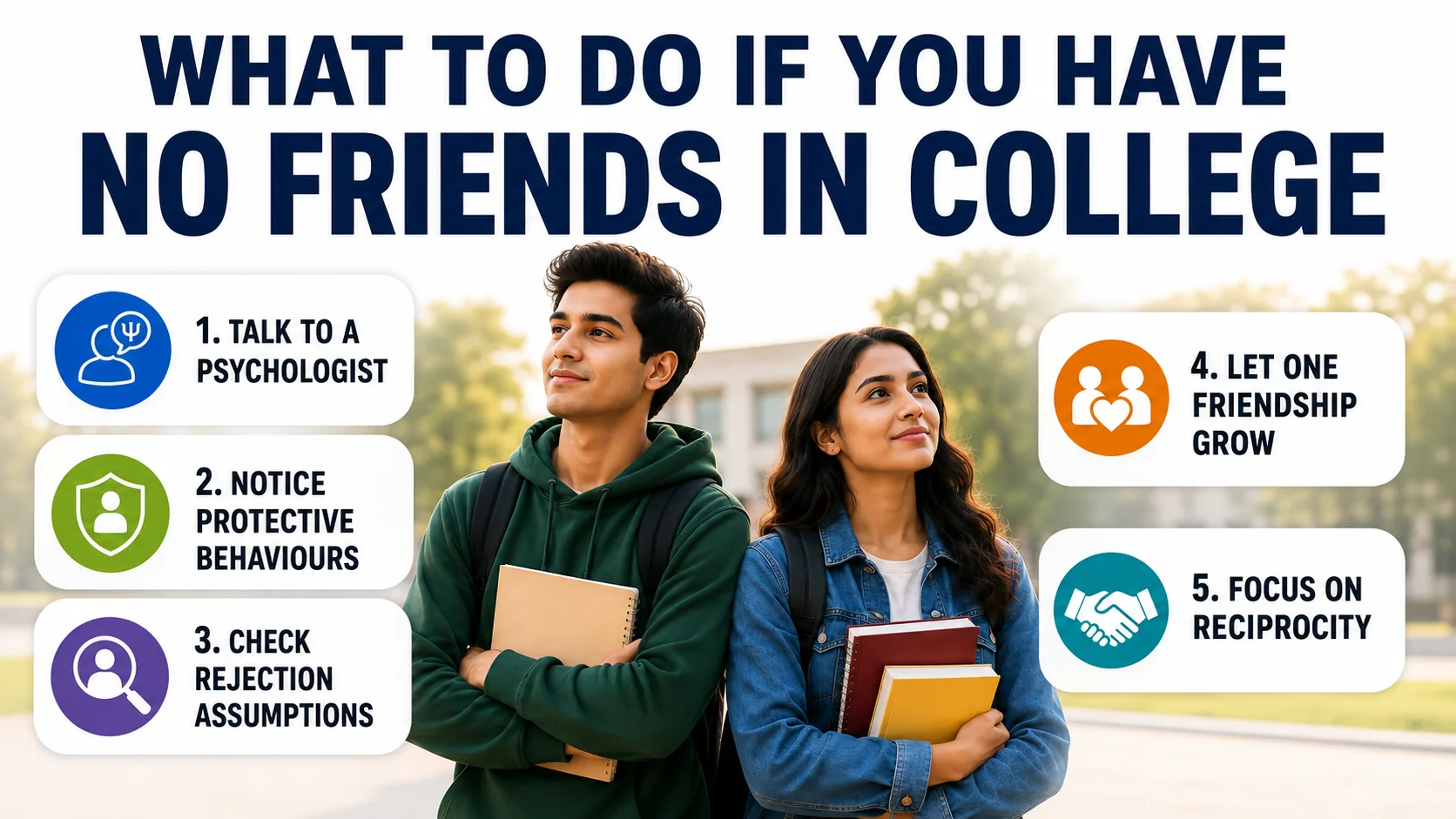 Why You Don’t Have Friends in College (And How to Fix It) 4 College boy and girl with five practical steps for what to do if you have no friends in college, including talking to a psychologist, checking rejection assumptions, and building reciprocal friendships.