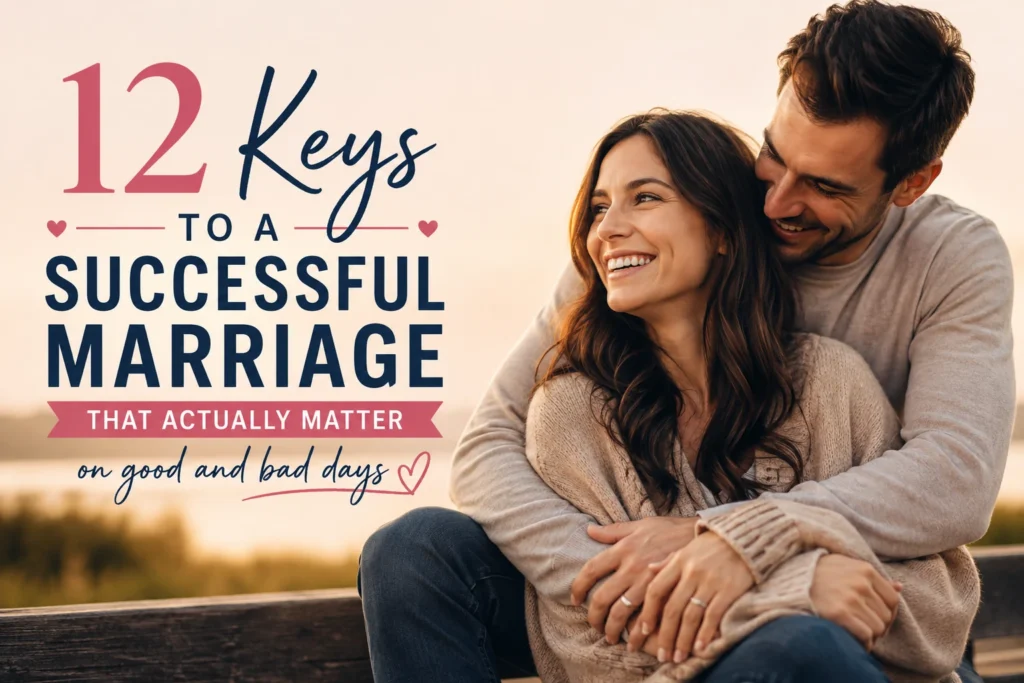 12 Keys to a Successful Marriage: What Matters on Good and Bad Days 1 Happy married couple showing the keys to a successful marriage through love, trust, respect, intimacy, teamwork and support