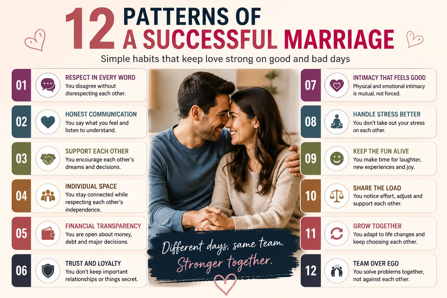 12 patterns of a successful marriage including respect, honest communication, financial transparency, intimacy, shared responsibility and teamwork