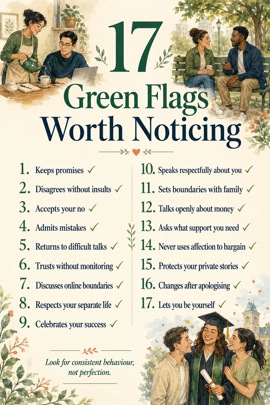 17 Green Flags in a Relationship With Real-Life Examples 4 checklist of 17 relationship green flags, including keeping promises, respecting boundaries, discussing money and changing after apologies.