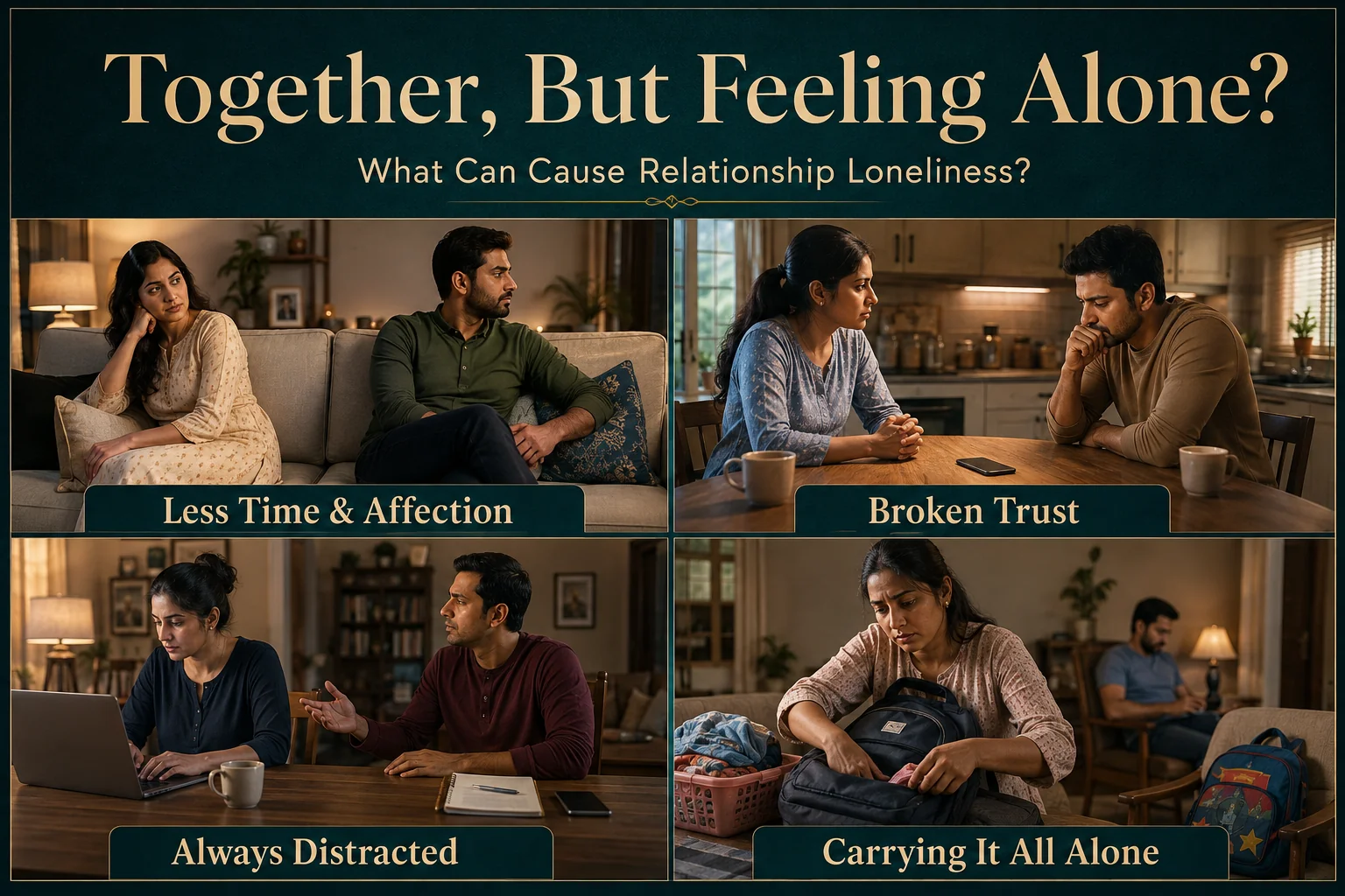 Four couple scenes illustrating less affection, broken trust, work distractions and unequal responsibilities as causes of relationship loneliness.