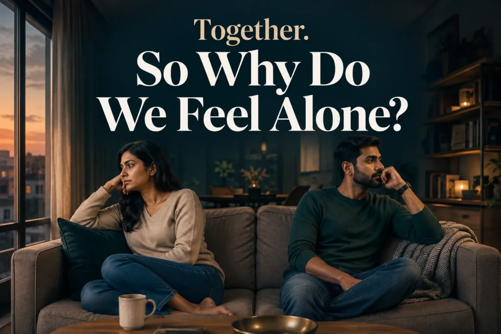 Why Do I Feel Lonely in My Relationship? 7 Couple sitting apart on a sofa, looking away, beneath the headline “Together. So Why Do We Feel Alone?”