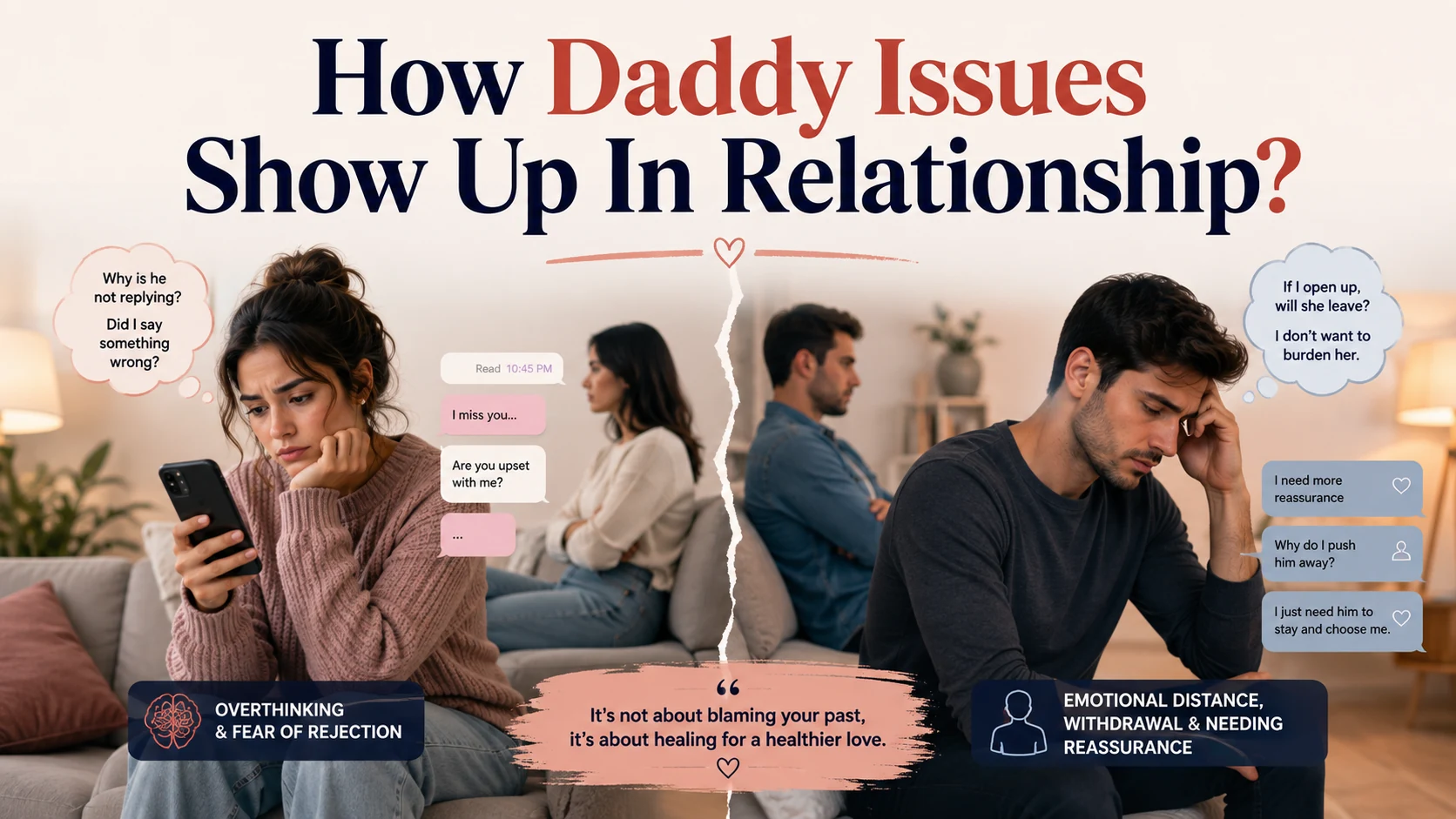 How daddy issues show up in relationships through overthinking, fear of rejection, withdrawal, and reassurance-seeking