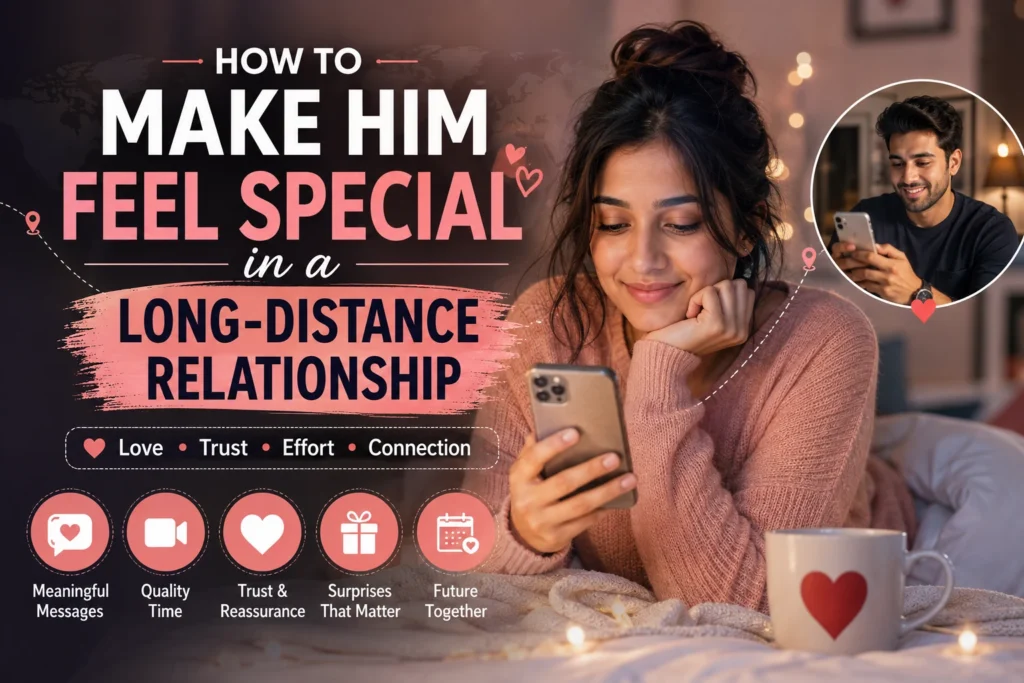 How to Make Him Feel Special in a Long-Distance Relationship 2 Woman texting her long-distance boyfriend with ideas to make him feel special, loved and emotionally connected