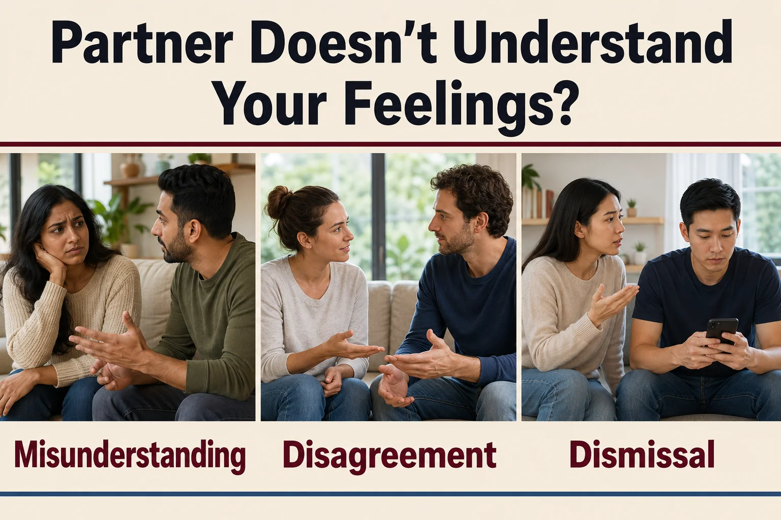 Why Doesn’t My Partner Understand My Feelings? 4 Three couple scenes showing misunderstanding, disagreement and dismissal when one partner shares their feelings.