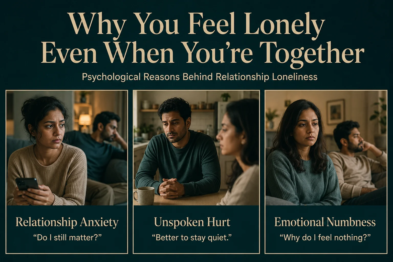 Three couple scenes illustrating relationship anxiety, unspoken hurt and emotional numbness behind feeling lonely together.