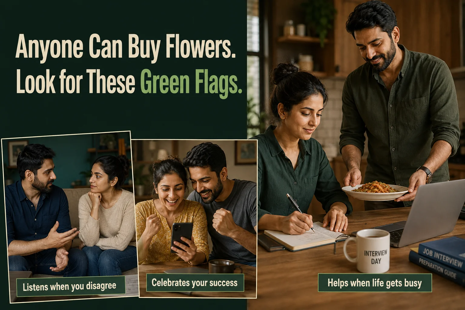 17 Green Flags in a Relationship With Real-Life Examples 3 Couple showing relationship green flags: listening during disagreements, celebrating success and helping with dinner during interview preparation.