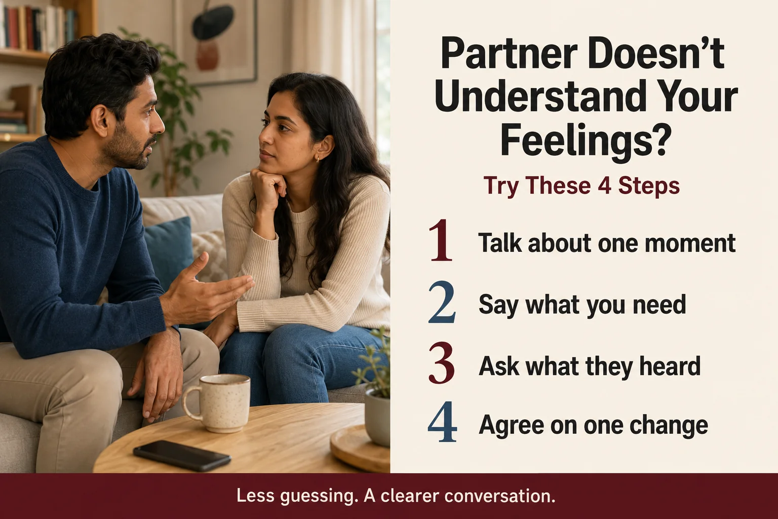 Why Doesn’t My Partner Understand My Feelings? 5 Couple talking beside four steps: discuss one moment, say what you need, ask what they heard and agree on one change.