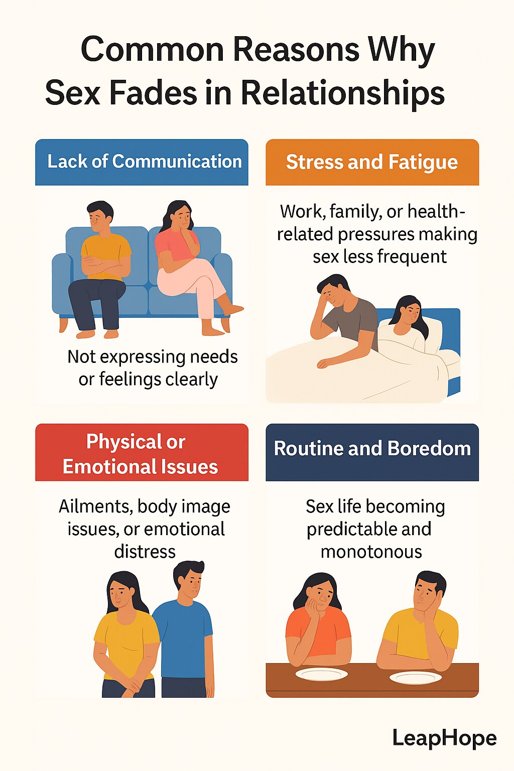 A 2D digital infographic titled “Common Reasons Why Sex Fades in Relationships,” showing four illustrated blocks: lack of communication, stress and fatigue, physical or emotional issues, and routine and boredom. Each section features a visual of a couple and a short explanation, designed in warm, engaging colours with LeapHope branding.