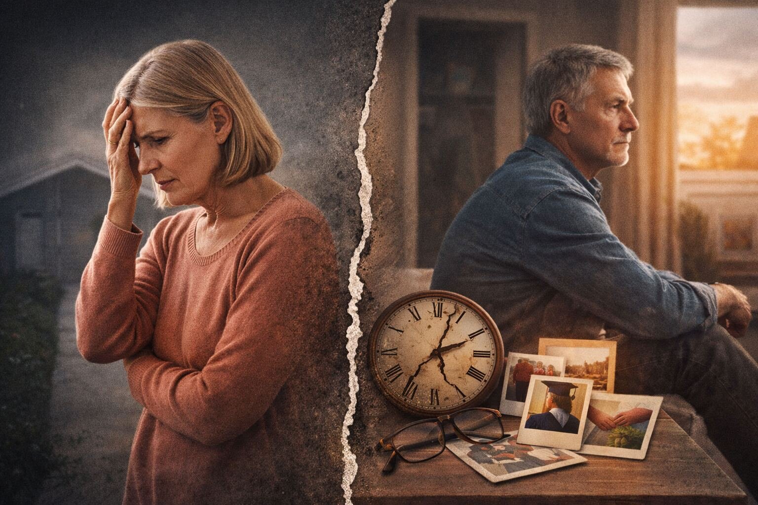 A middle-aged couple sitting apart indoors, showing emotional distance and reflection, representing common reasons for divorce after 50 in long marriages