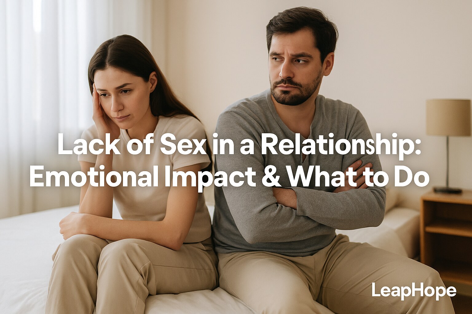 A serious-looking couple sits on opposite sides of a bed, emotionally distant and withdrawn, with overlaid text reading “Lack of Sex in a Relationship: Emotional Impact & What to Do.” The image reflects the tension and disconnection often felt in sexless relationships, with LeapHope branding in the corner.