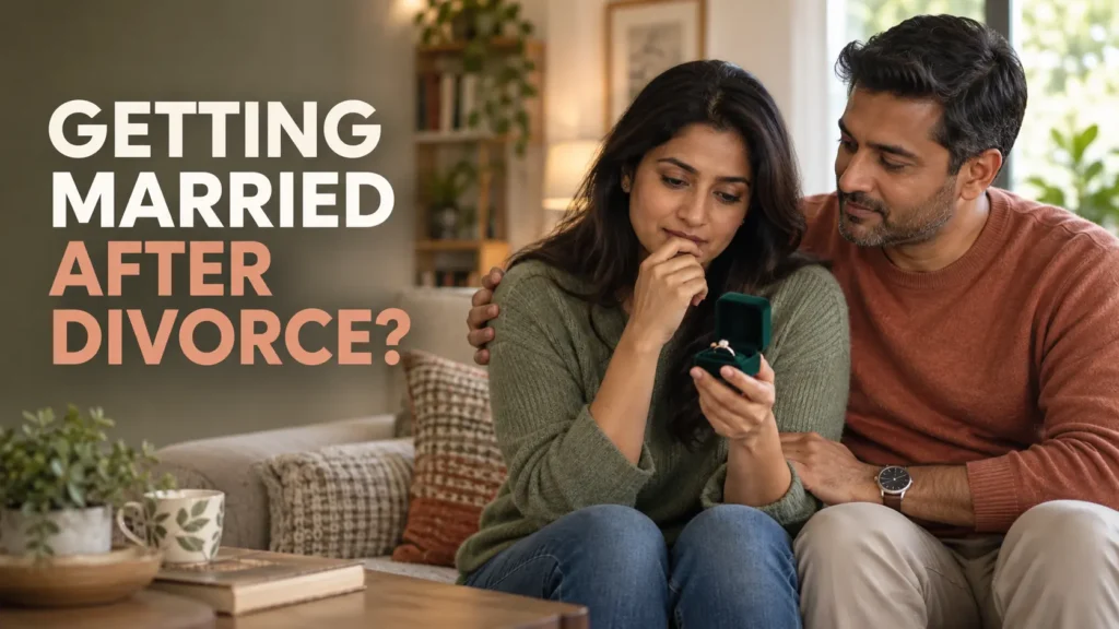 Getting Married After Divorce: How to Prepare Yourself Emotionally 1 Couple discussing getting married after divorce while looking at an engagement ring