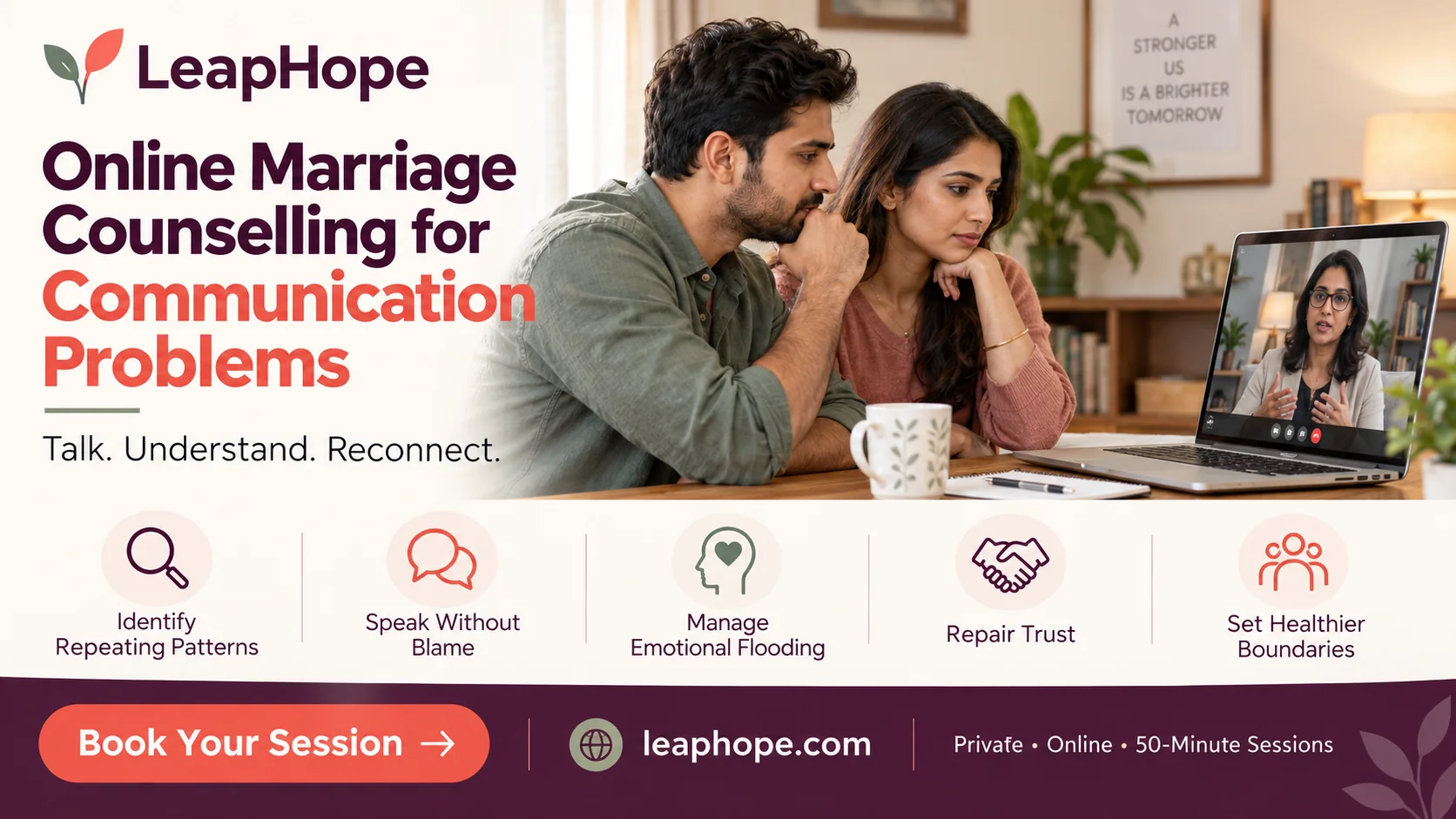 No Communication in Marriage: Why Couples Stop Talking 6 Couple attending online marriage counselling for communication problems with a LeapHope therapist.