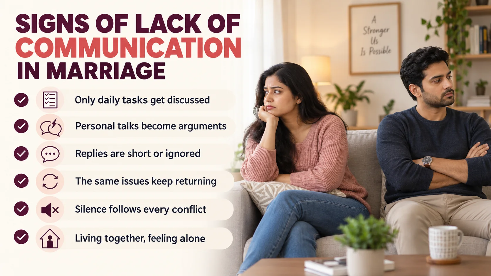 No Communication in Marriage: Why Couples Stop Talking 3 Signs of lack of communication in marriage, including short replies, repeated arguments, unresolved issues and feeling alone.