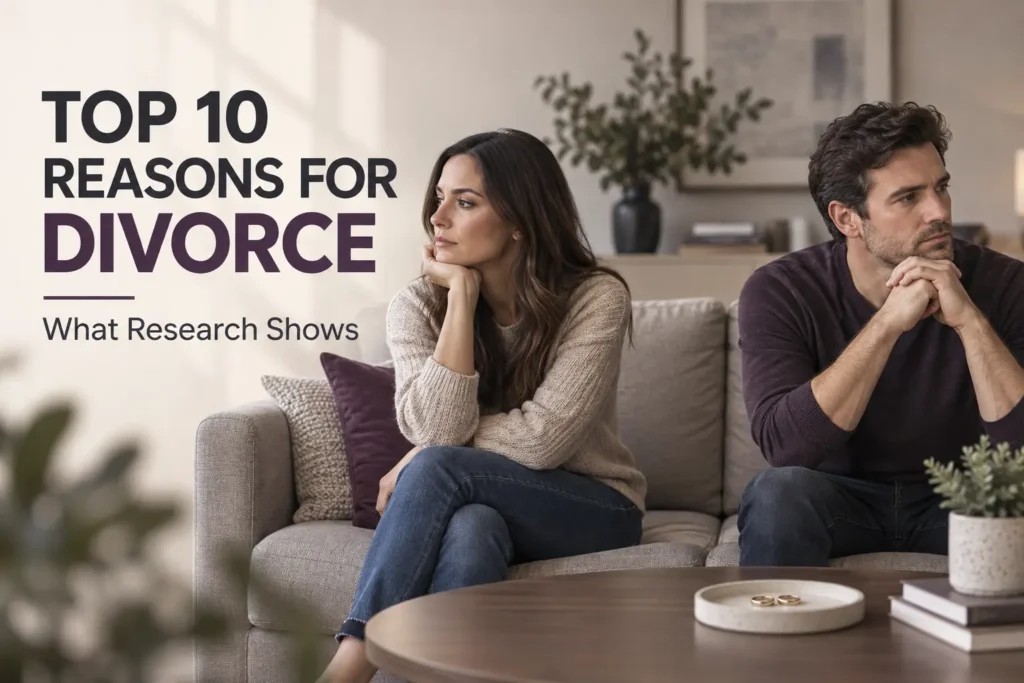 Top 10 Reasons for Divorce: What Research Shows 3 Married couple sitting apart while considering the top 10 reasons for divorce