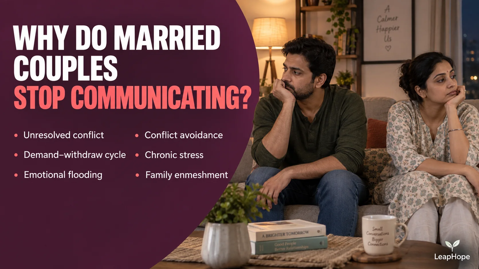 No Communication in Marriage: Why Couples Stop Talking 4 Why married couples stop communicating due to unresolved conflict, emotional flooding, stress, avoidance and family enmeshment.