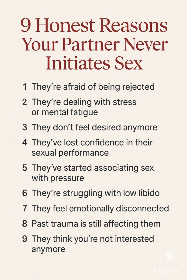 Text-based image listing 9 reasons why a partner may stop initiating sex, including fear of rejection, stress, low libido, emotional disconnect, and past trauma