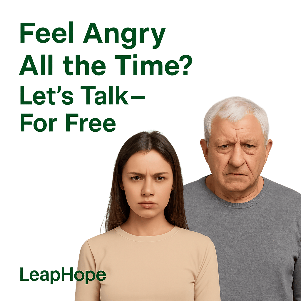 A LeapHope promotional graphic featuring a frustrated individual receiving free online counseling for anger management, highlighting emotional support through virtual therapy sessions.