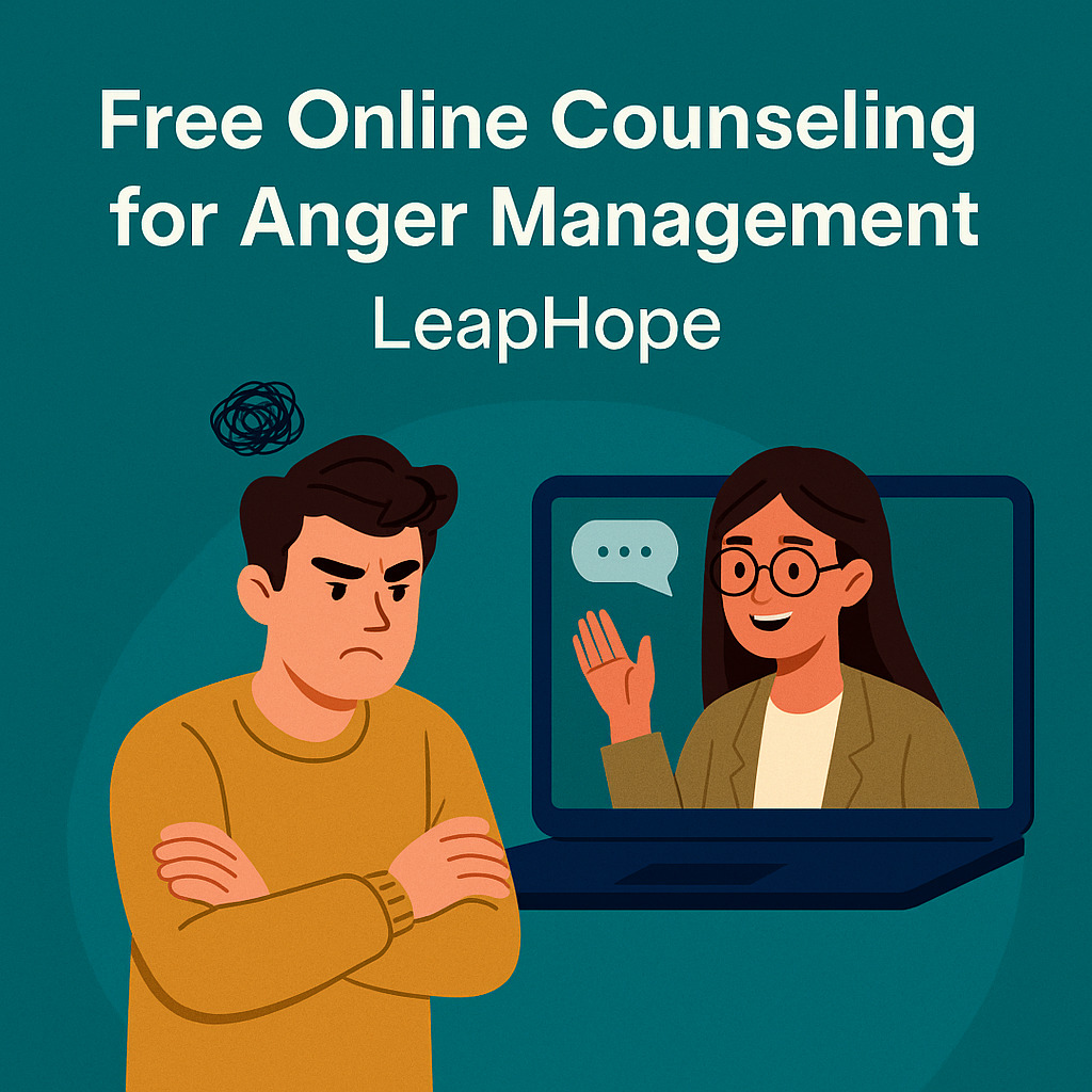 A calming promotional digital illustration showing an anxious person sitting alone with a thoughtful expression, symbolising emotional tension and the availability of free anger management counseling through LeapHope’s online therapy services.