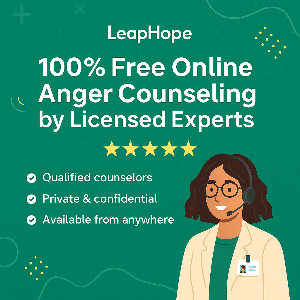 Promotional graphic by LeapHope showing 5-star rated free anger counseling with a licensed therapist and trust-building highlights like “no insurance needed,” “100% free,” and “private online sessions” on a green background with friendly design elements and digital illustration of a counselor.