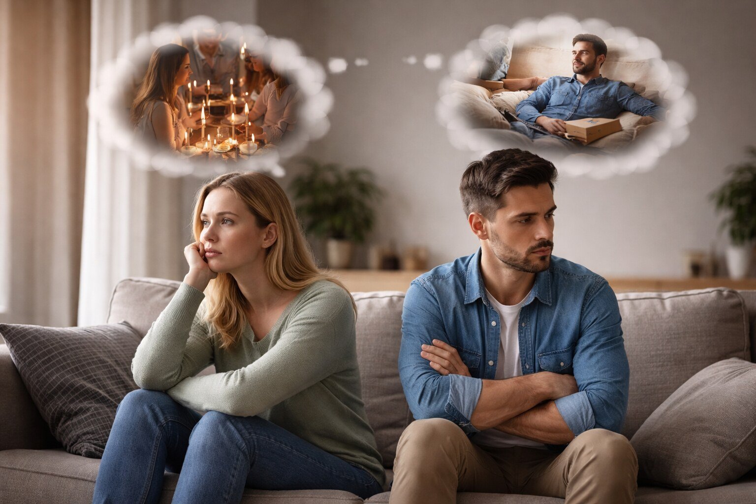 Married couple sitting apart on a sofa, looking distant while imagining different expectations, representing unspoken needs in marriage