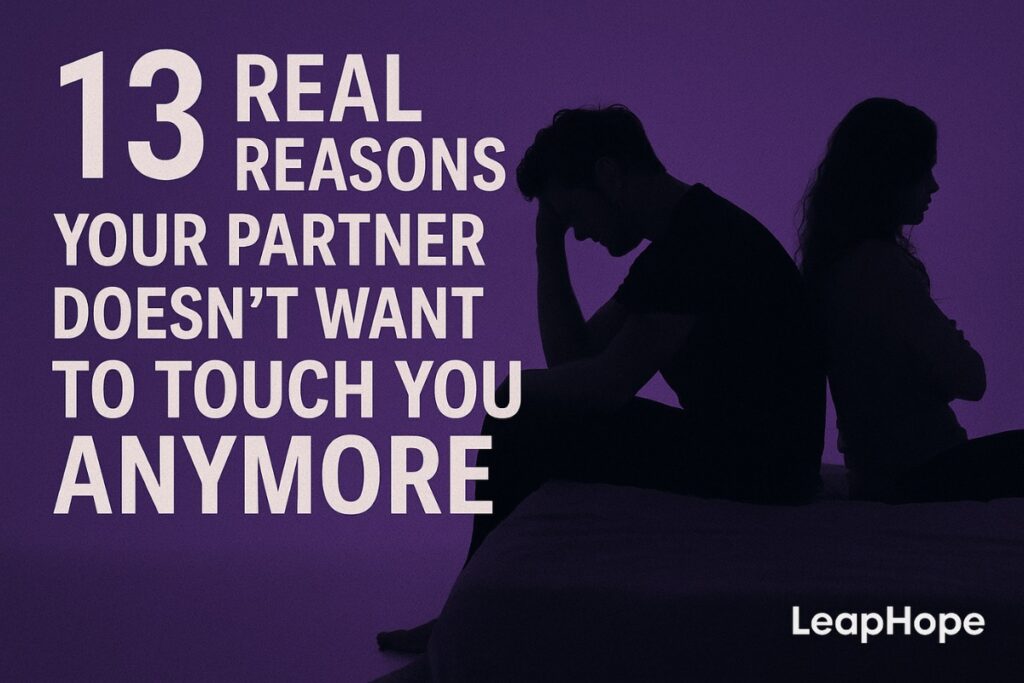 A somber digital illustration of a couple sitting apart in bed, facing away from each other, symbolizing emotional distance and the lack of physical touch in a relationship.