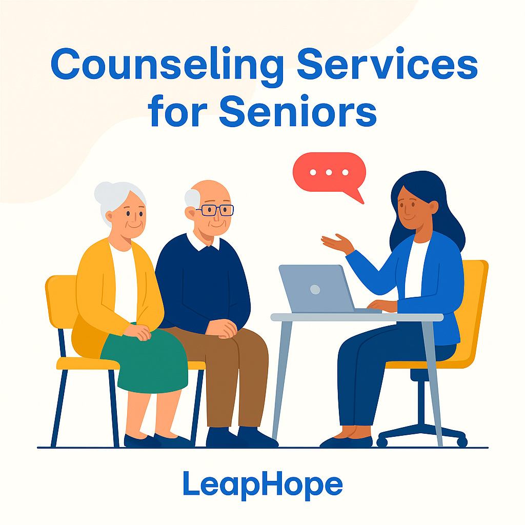 LeapHope Counseling Services for Seniors – Illustrated Graphic with Therapist and Elderly Couple