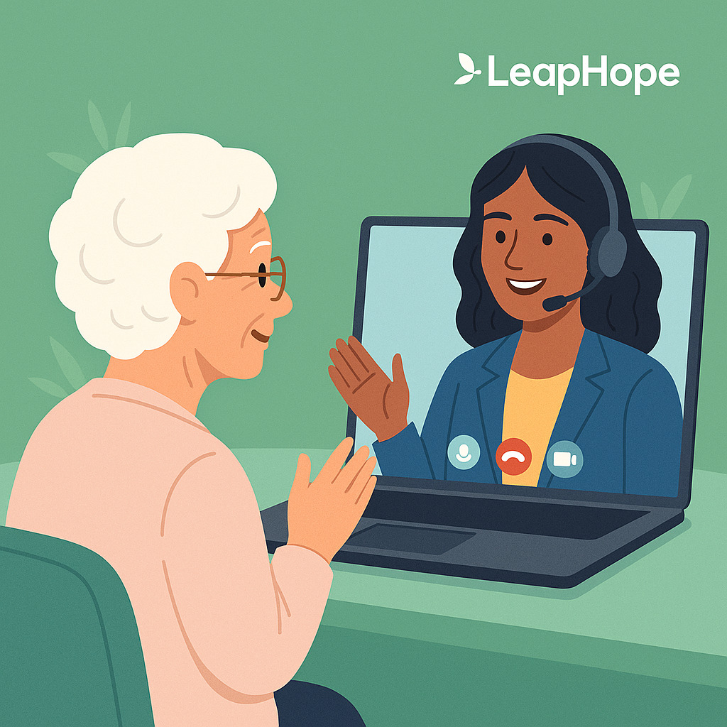LeapHope Free Online Counseling – Elderly Woman on Video Call with Therapist
