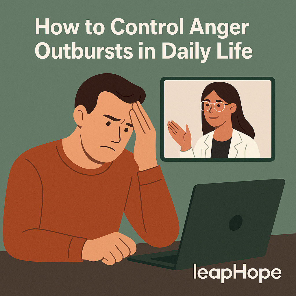 A digital illustration showing a person in an online counseling session with a therapist, symbolizing virtual anger management therapy provided by LeapHope in a calm, private setting.