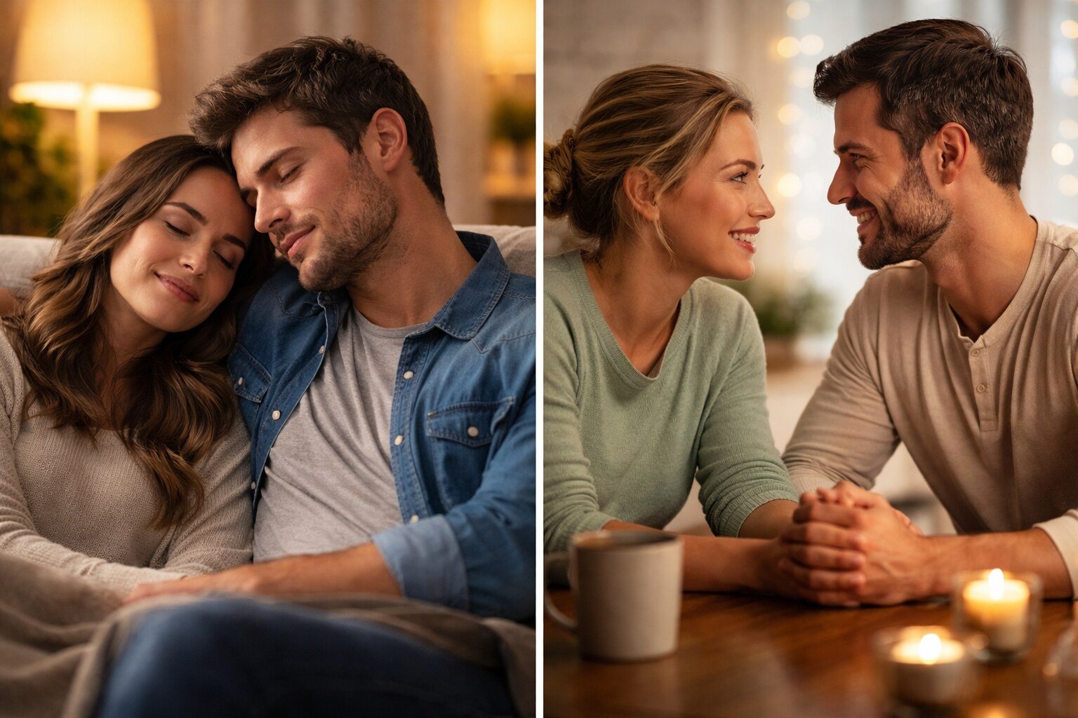 Married couple sitting close on a sofa and another couple holding hands at a table, showing emotional and physical intimacy in a long-term relationship
