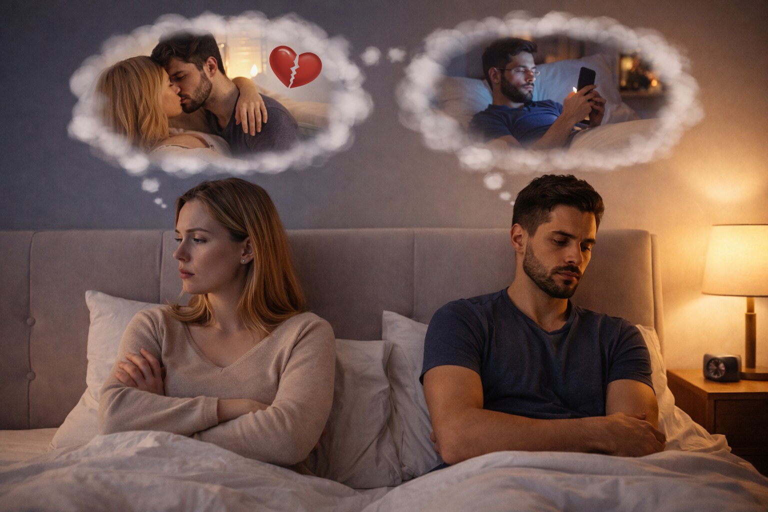 Married couple sitting close together with emotional tension, symbolising mismatched physical intimacy expectations in marriage