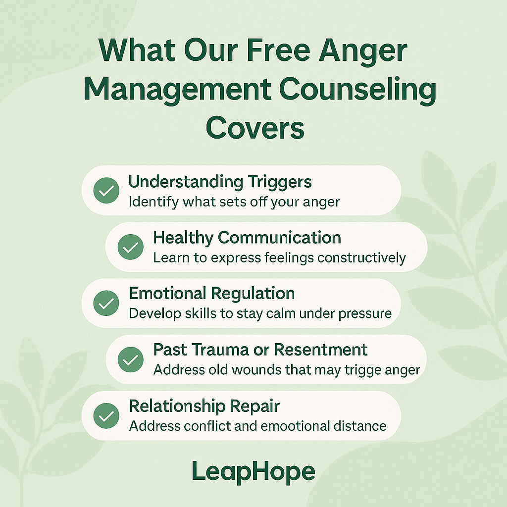 An infographic by LeapHope summarizing the focus areas of free anger management counseling, including emotional triggers, communication issues, coping tools, and relationship support.