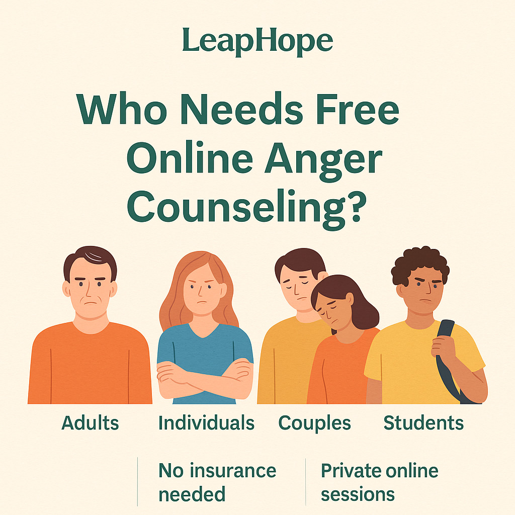 Inclusive promotional graphic by LeapHope showing diverse individuals seeking free online anger management counseling, highlighting support for men, women, seniors, and students.