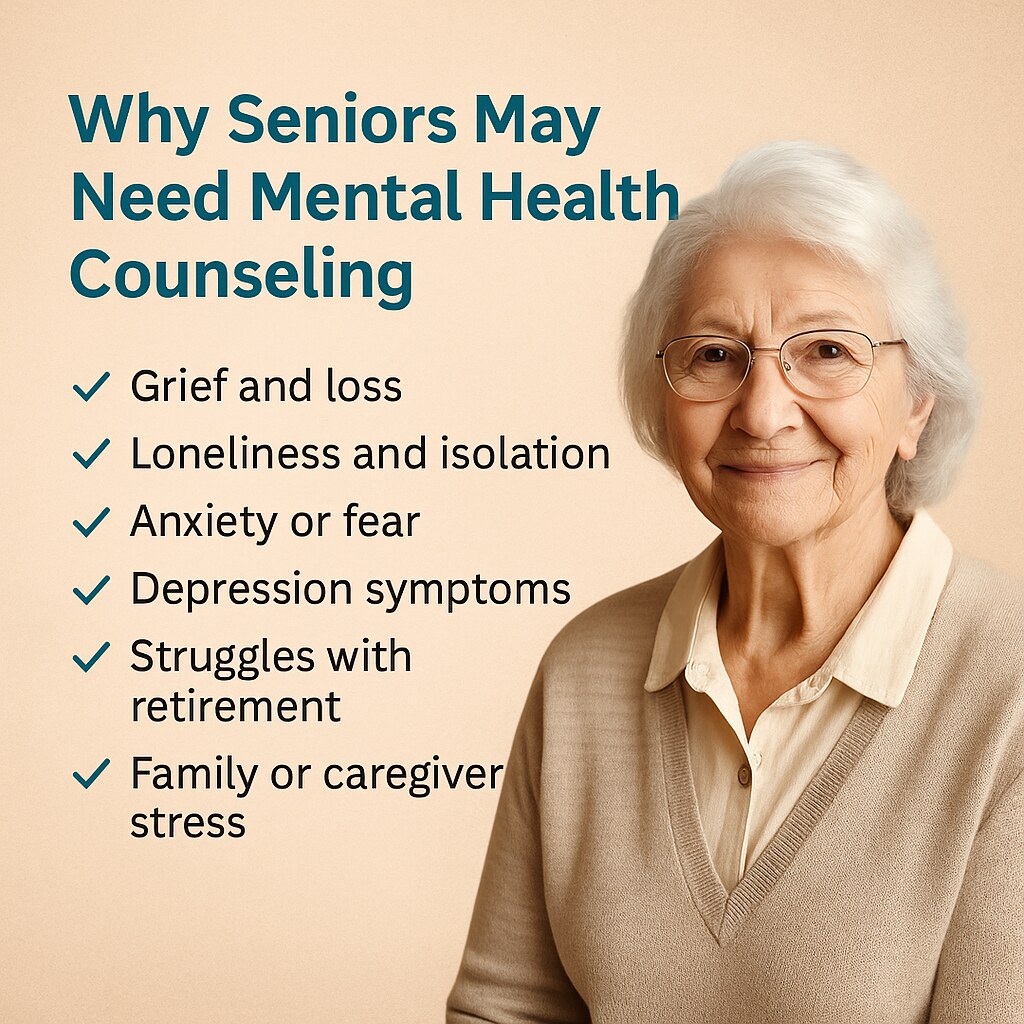 Smiling elderly woman in glasses beside a list of emotional challenges faced by seniors, including grief, loneliness, anxiety, depression, retirement struggles, and caregiver stress, with a warm beige background.