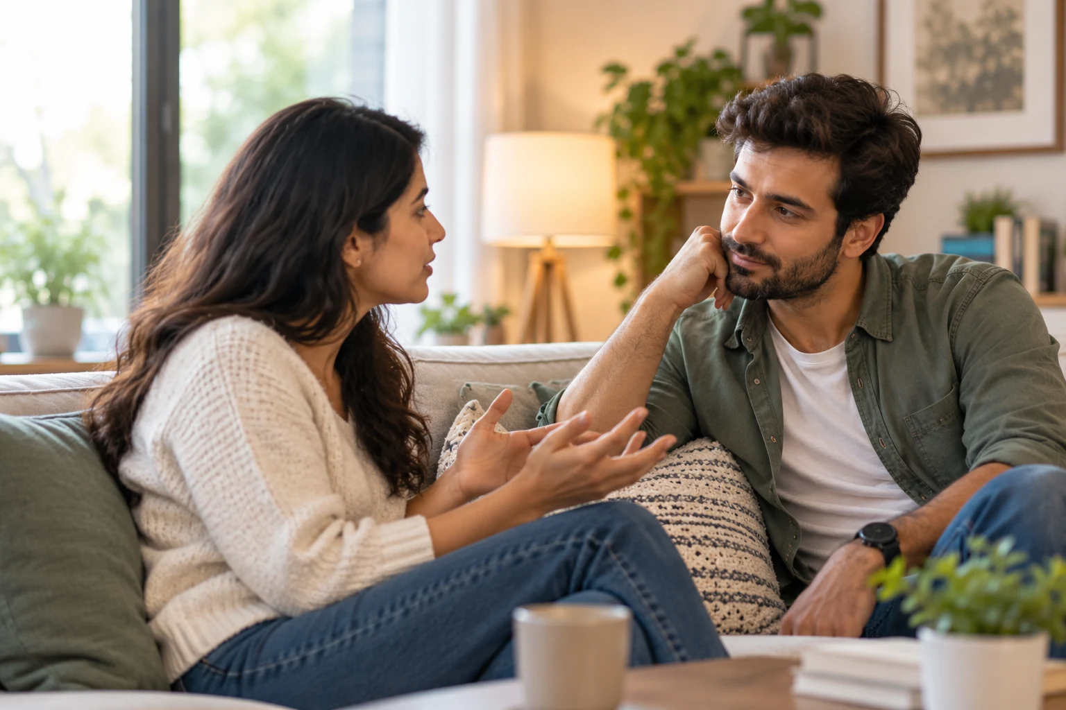 How to Be a Better Listener in Your Marriage: 8 Practical Ways 3 Husband listening carefully while his wife talks during a marriage conversation