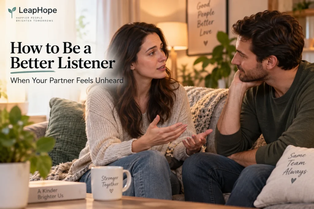 Couple having a focused conversation as one partner listens carefully