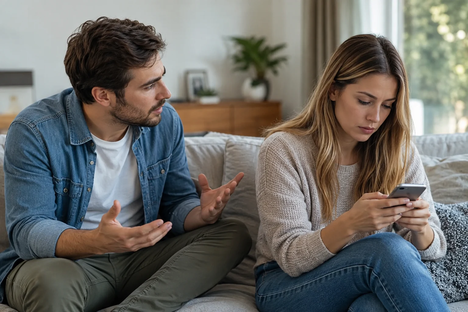 Woman using her phone while her husband tries to talk during a serious conversation