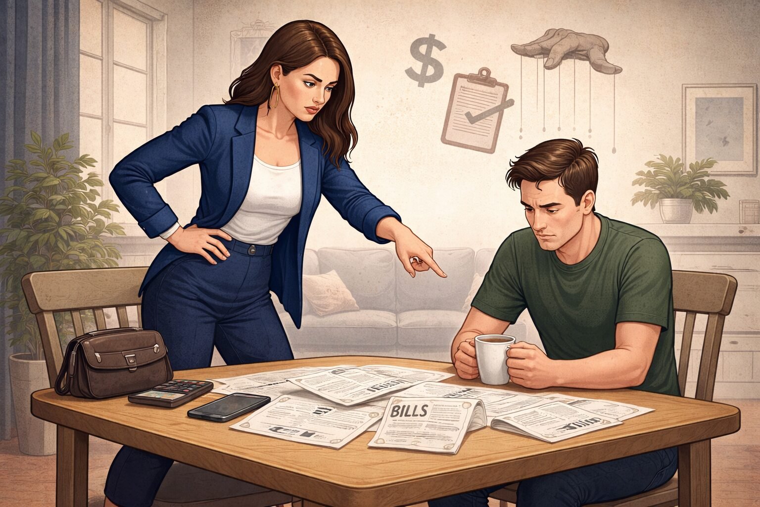 Woman confronting her husband over finances, representing emotional dominance and power imbalance in marriage.