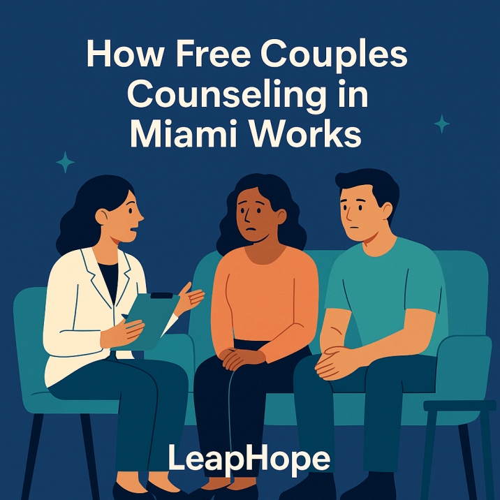 Illustration of a counselor talking with a couple on a sofa, representing free couples counseling in Miami, with the text “How Free Couples Counseling in Miami Works” and LeapHope branding.