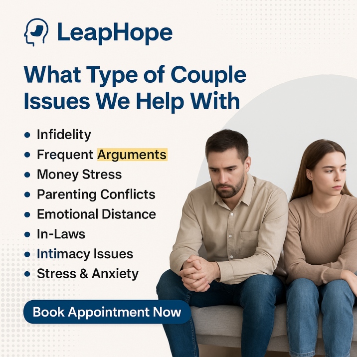 LeapHope banner showing a distant couple sitting apart with a list of common relationship issues like infidelity, frequent arguments, money stress, parenting conflicts, in-laws, intimacy issues, emotional distance, and stress. CTA button reads “Book Appointment Now.”